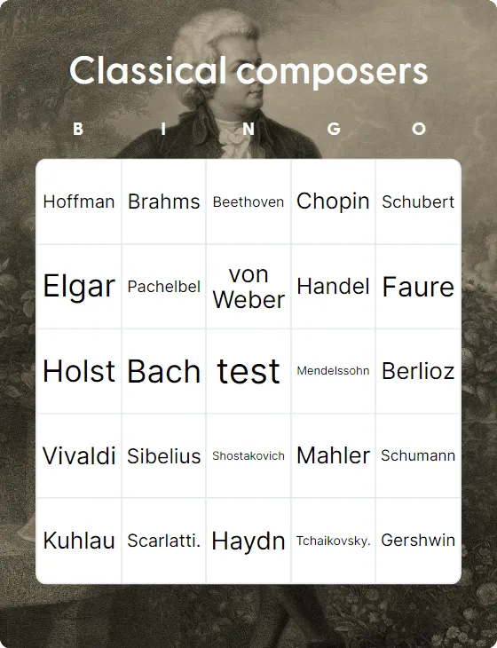 Classical composers bingo card template