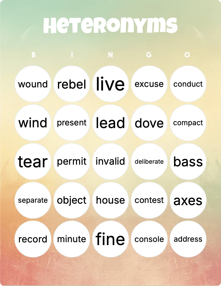 Heteronyms bingo