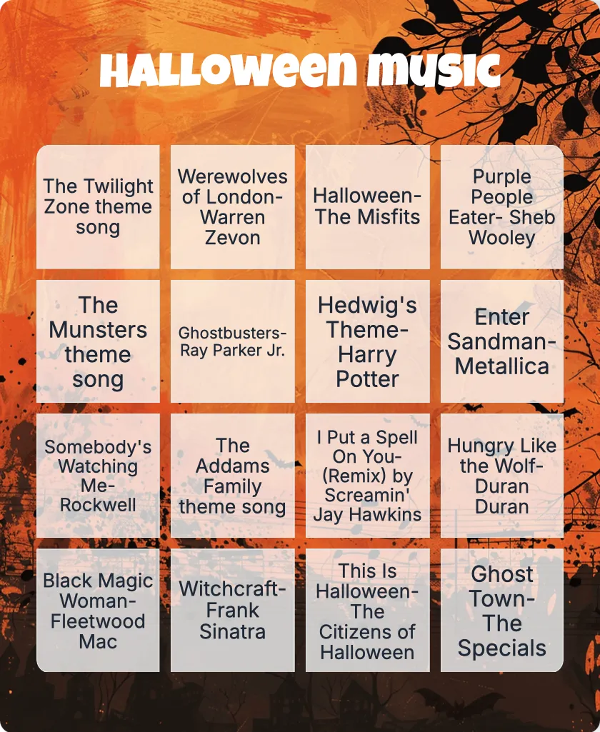 Halloween music bingo card template