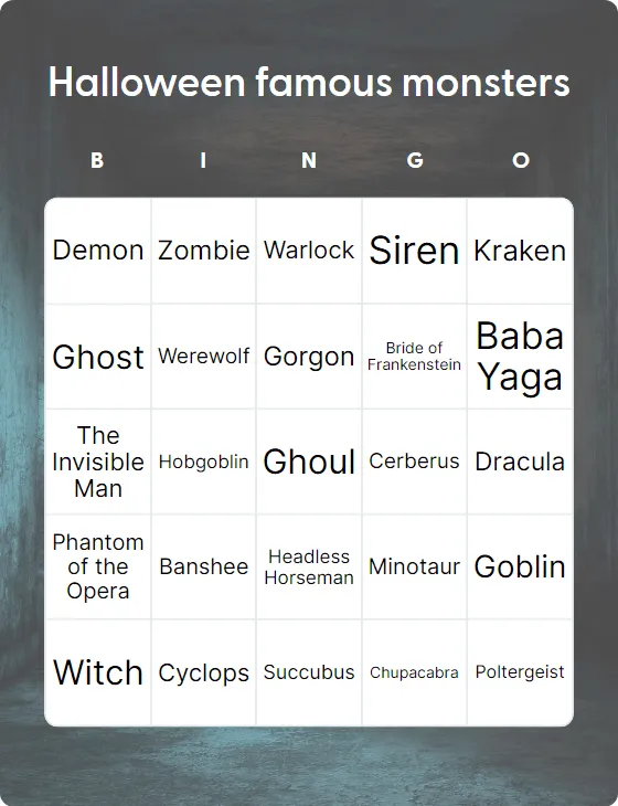 Halloween famous monsters bingo
