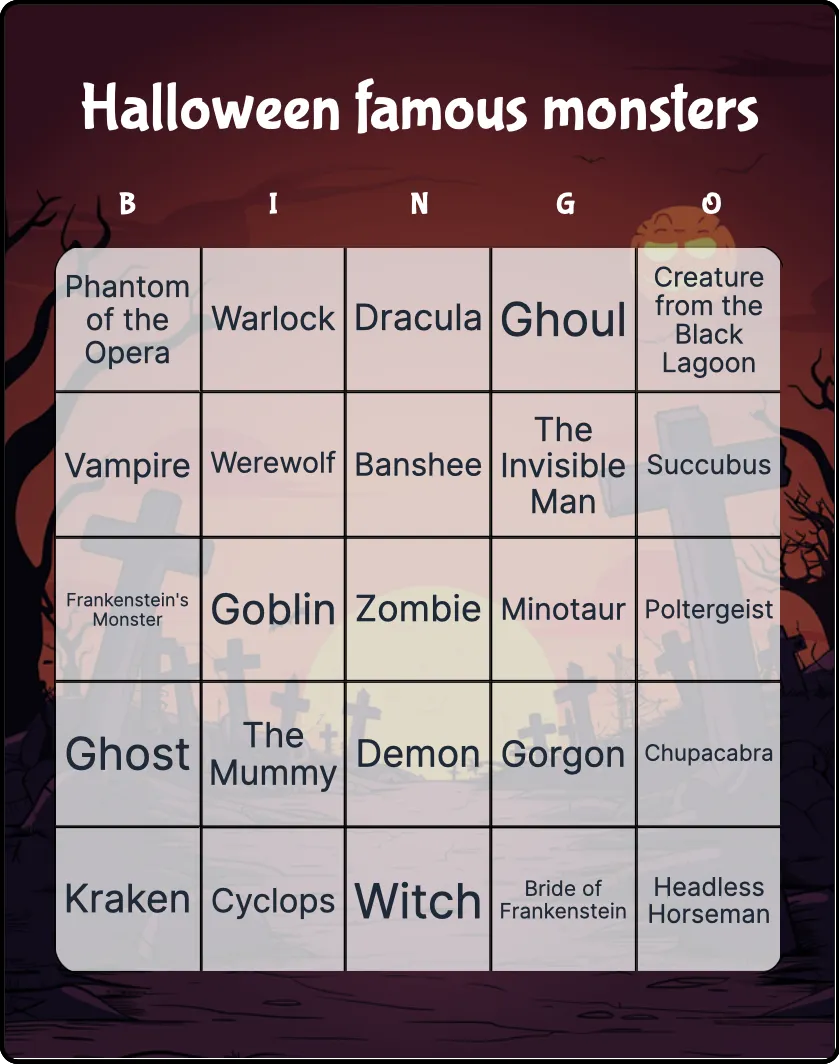 Halloween famous monsters bingo card template