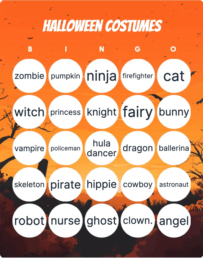 Halloween costumes bingo card template Halloween costumes bingo card template