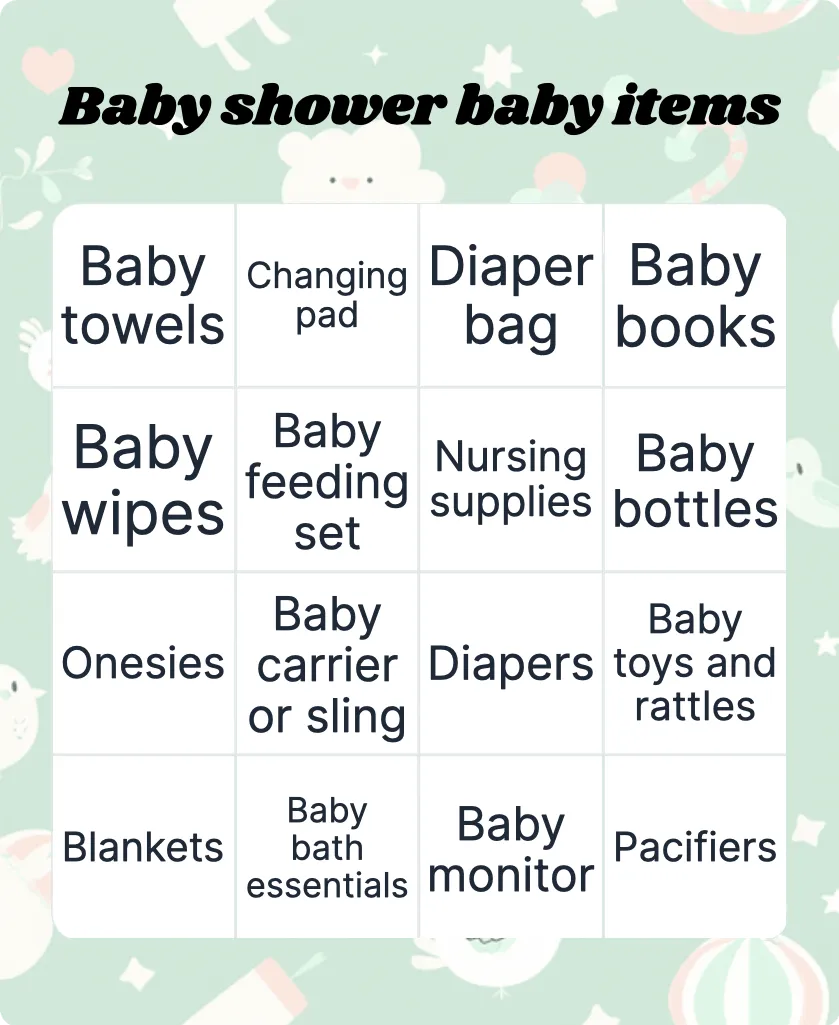 Baby shower baby items bingo