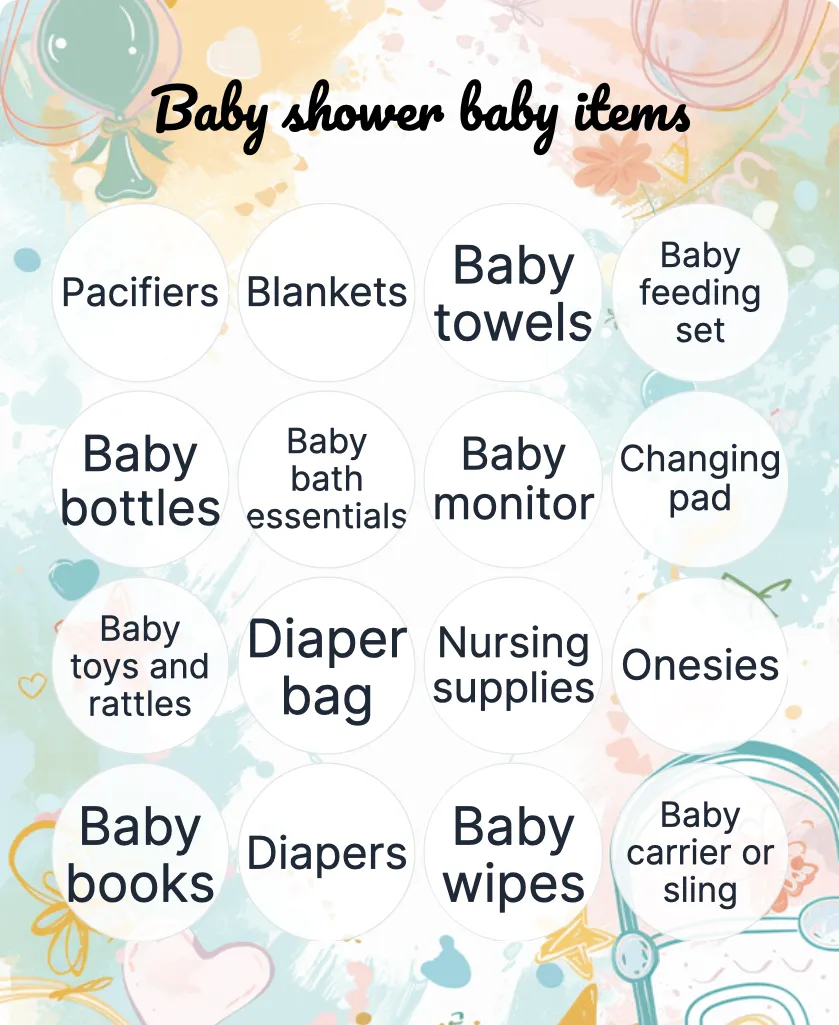 Baby shower baby items bingo card template