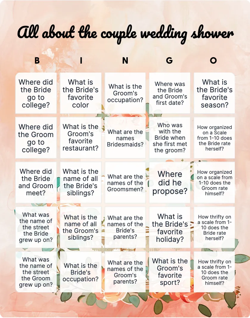 All about the couple wedding shower bingo card template