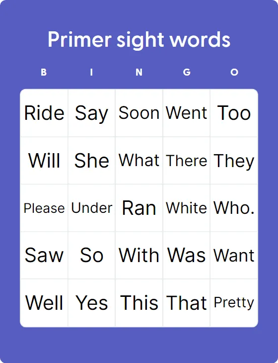 Primer sight words bingo