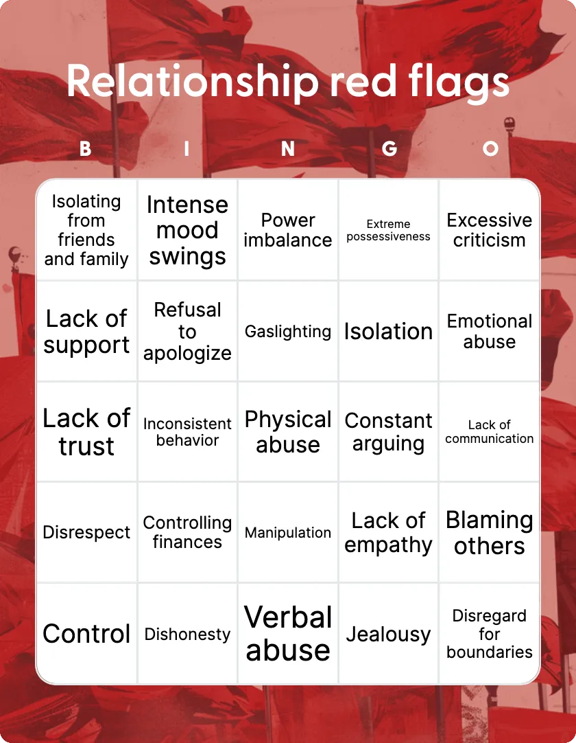 Relationship red flags bingo