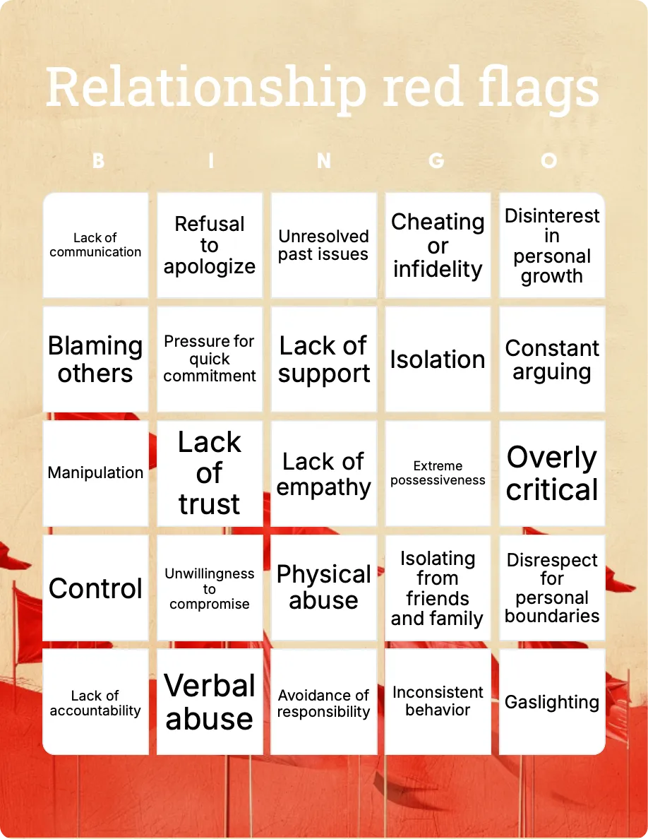 Relationship red flags bingo card template