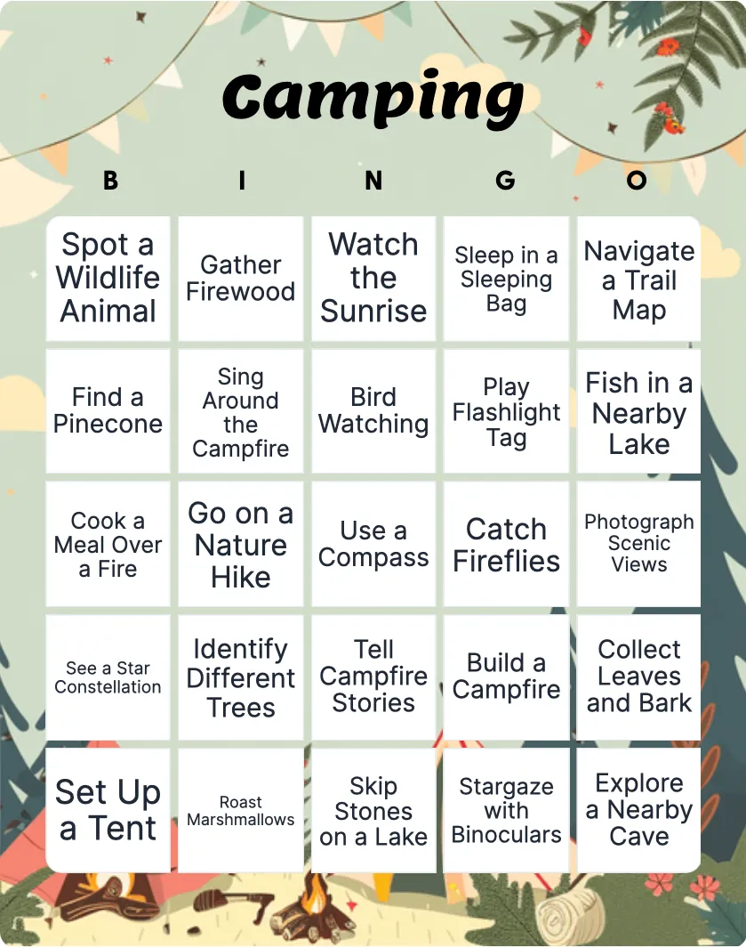 Camping bingo card template