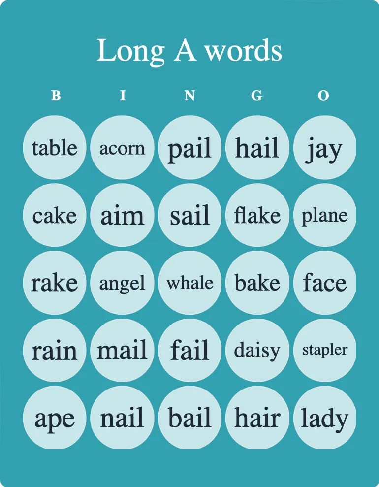 Long A words bingo card template