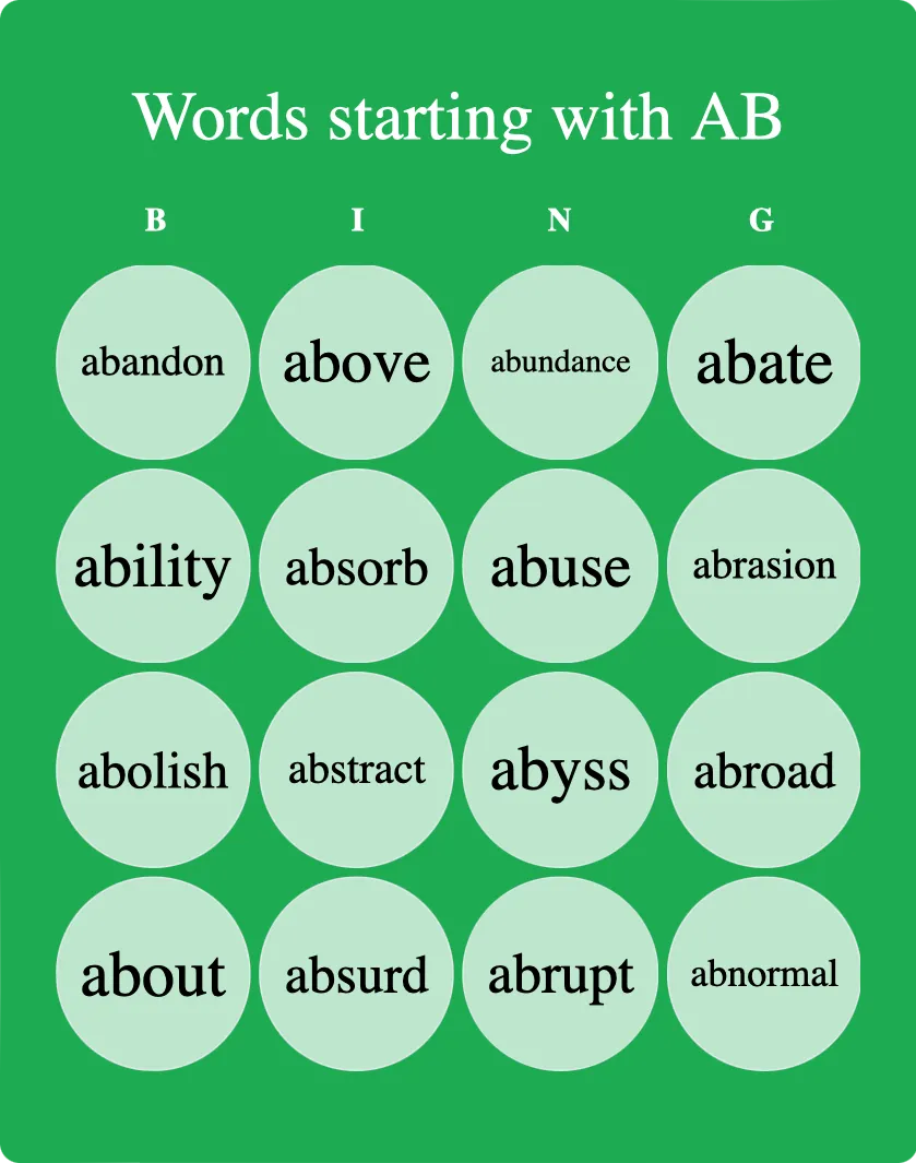 Words starting with AB bingo card template