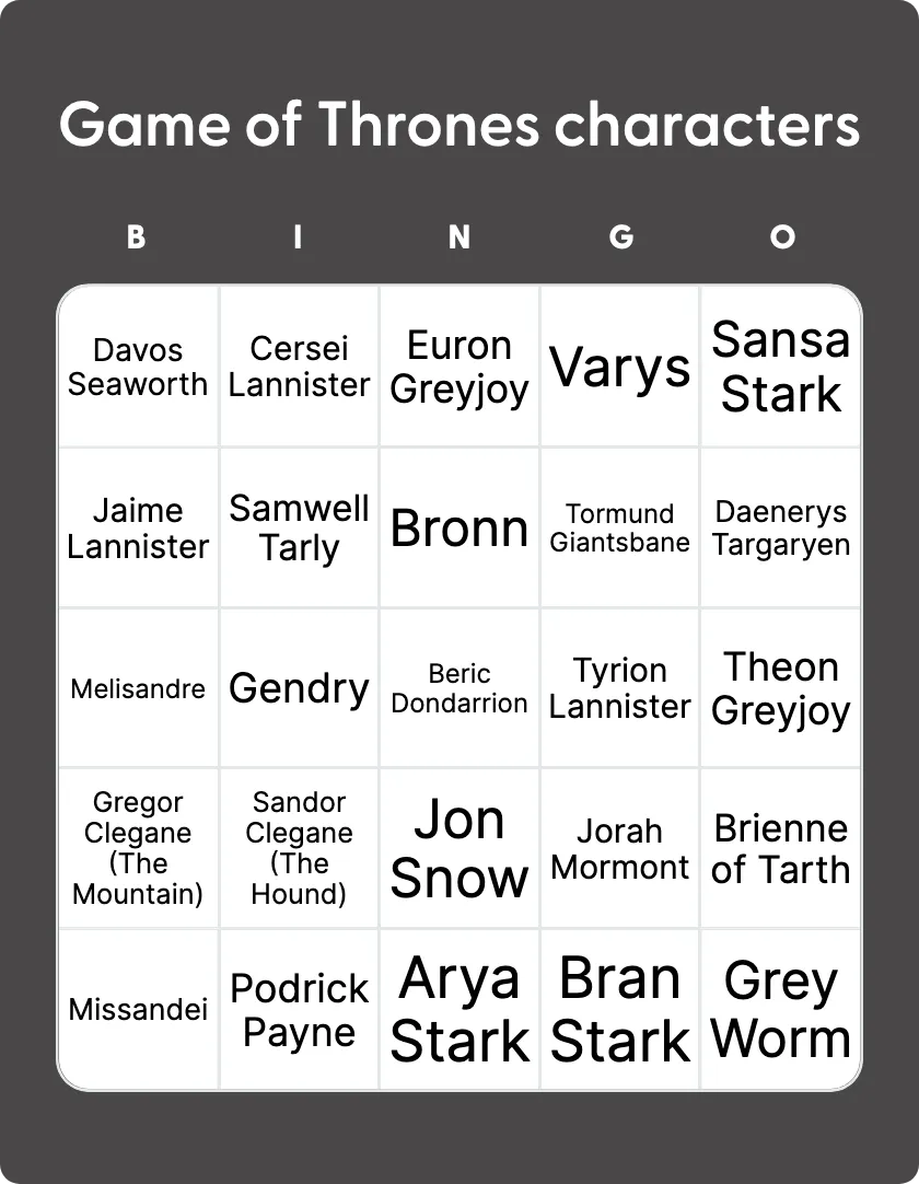 Game of Thrones characters bingo