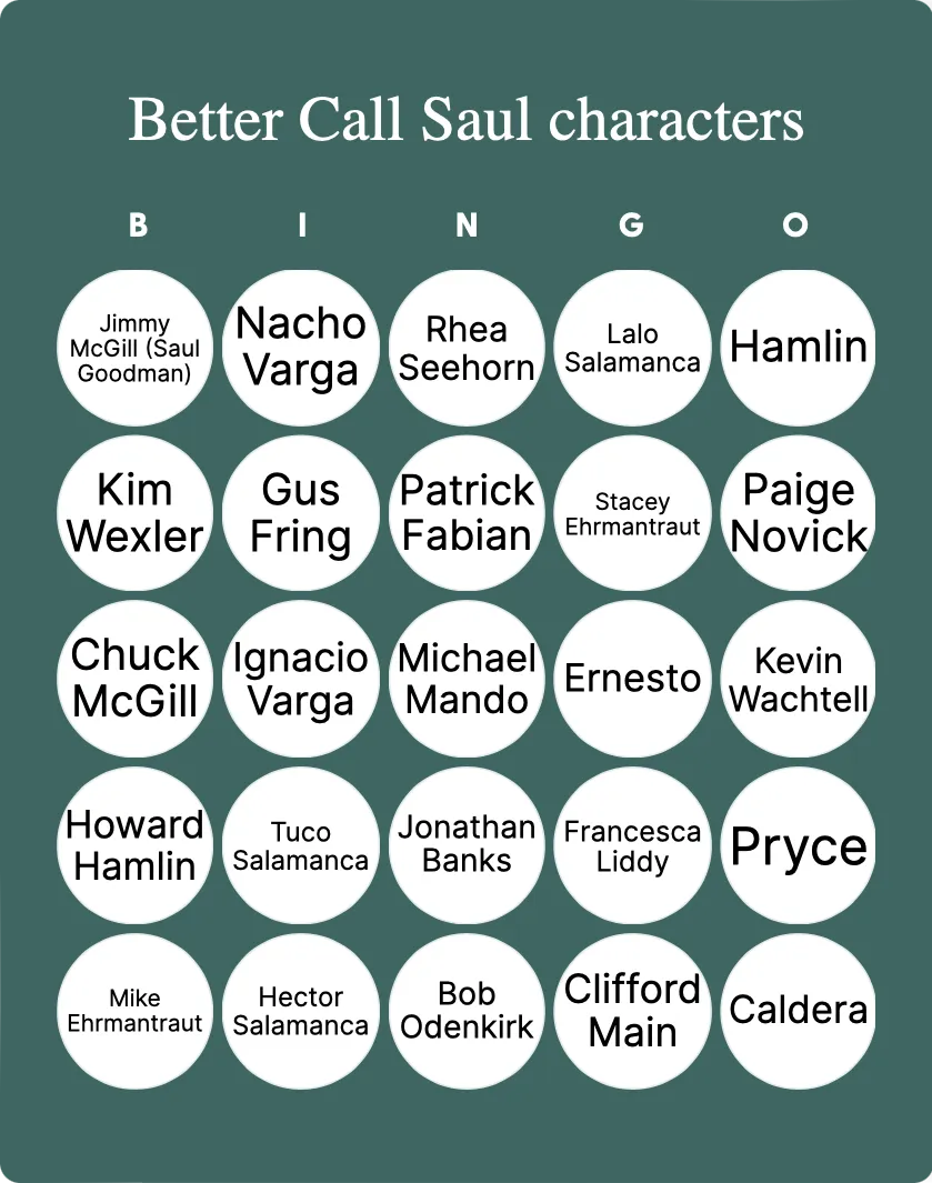 Better Call Saul characters bingo card template