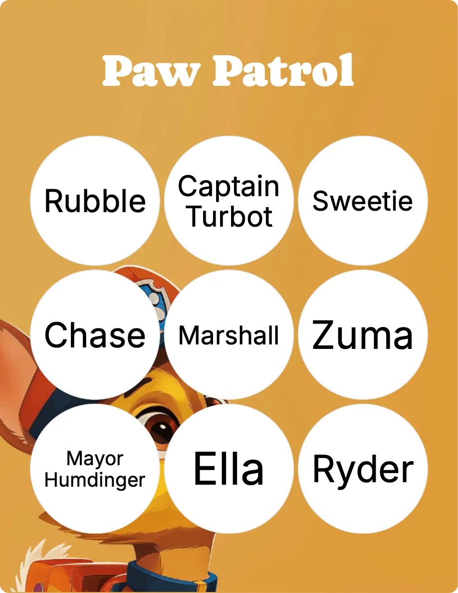 Paw Patrol bingo card template