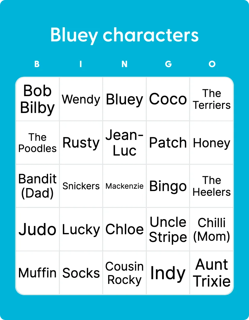 Cartoon Characters Shuffle Bingo Card
