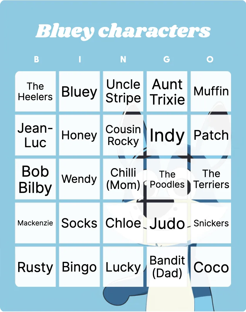 Bluey characters bingo card template