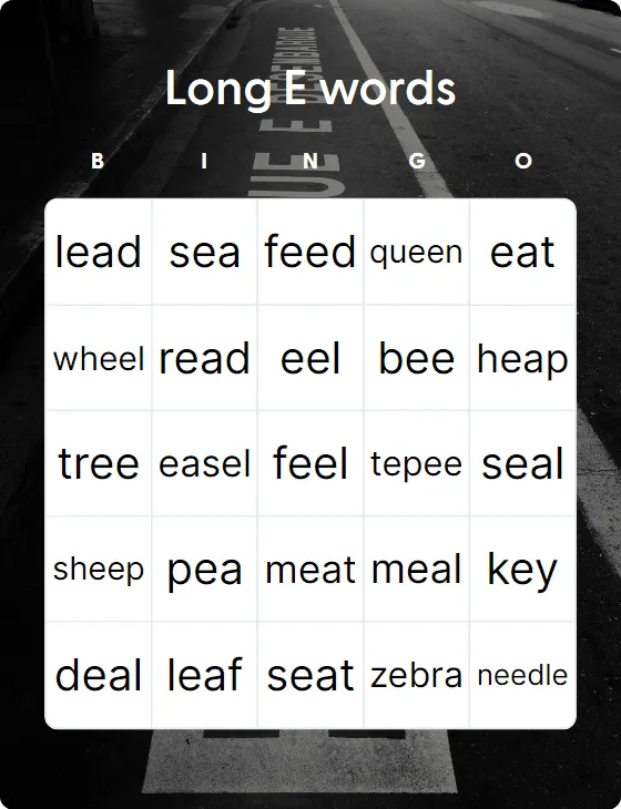 Long E words bingo card template