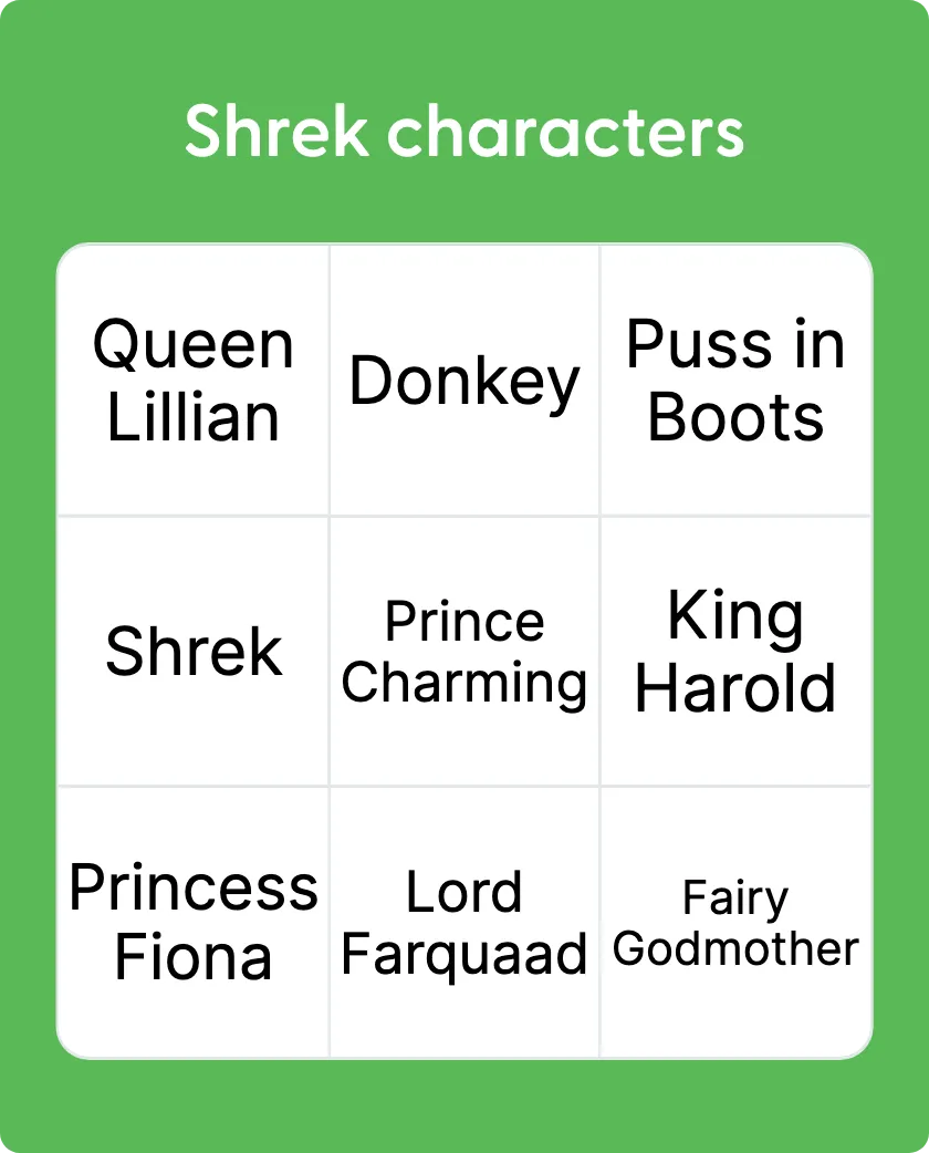 Shrek characters bingo