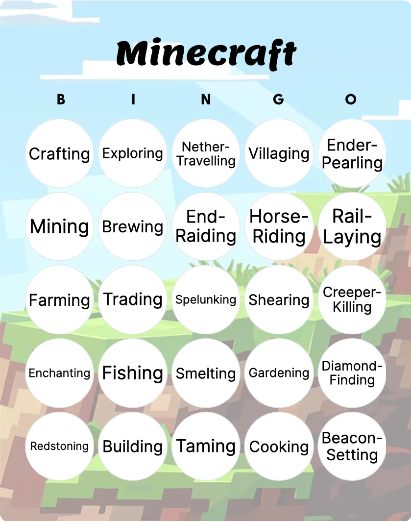 Minecraft bingo card template