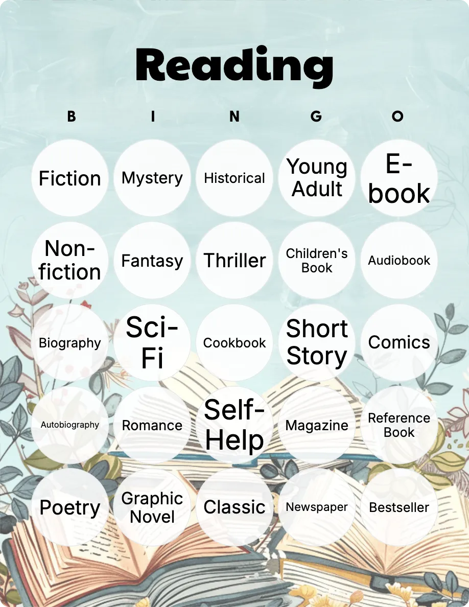 Reading bingo card template