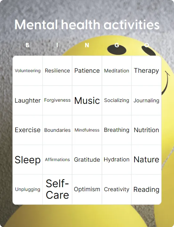 Mental health activities bingo