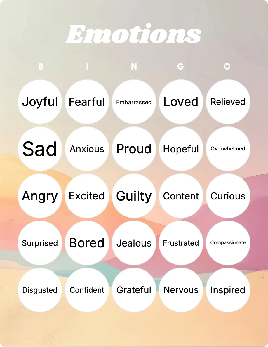 Emotions bingo card template