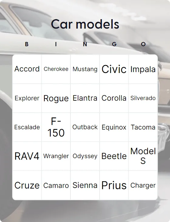 Car models bingo