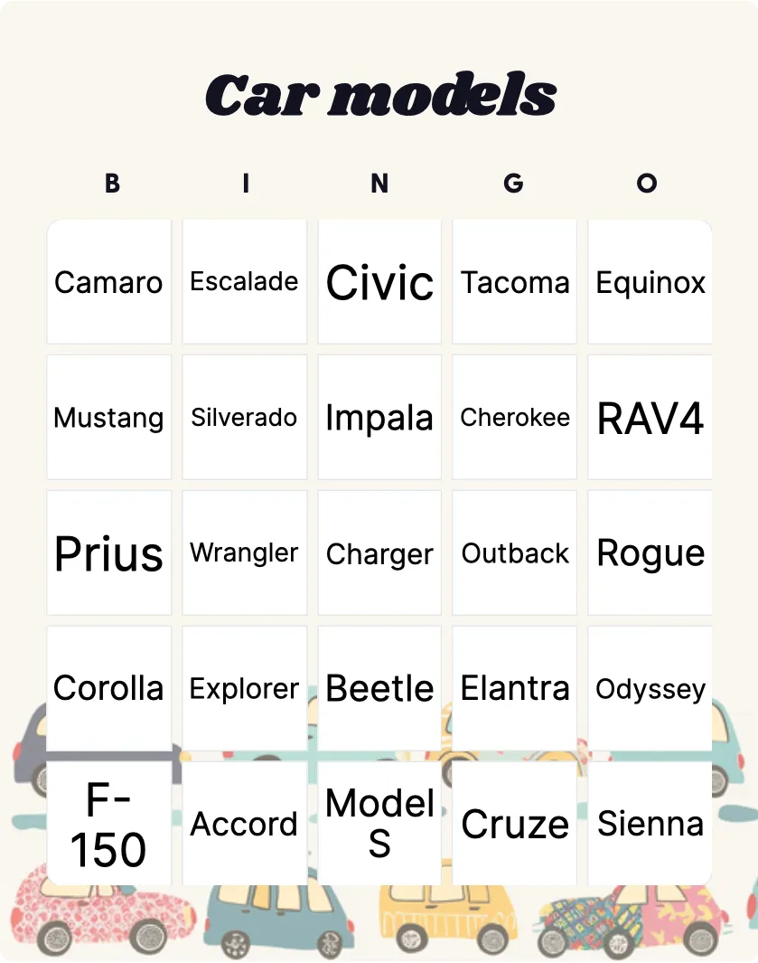 Car models bingo card template