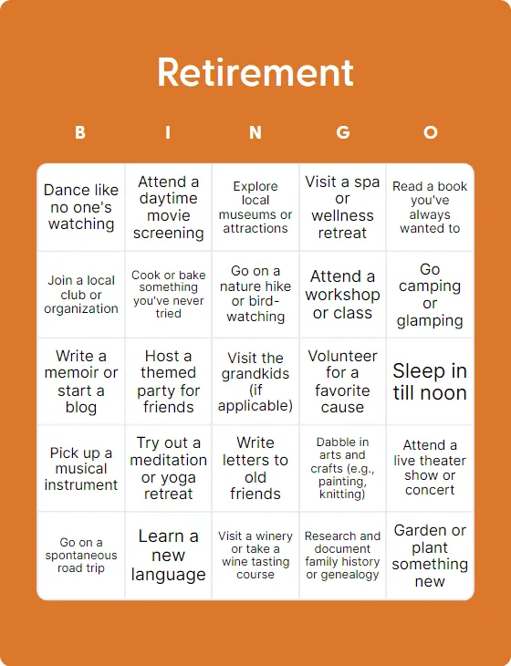 Retirement activities bingo