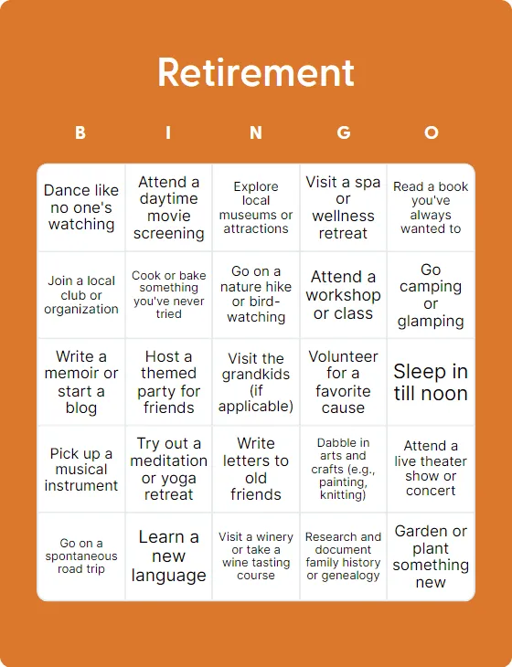 Retirement activities bingo card template Retirement activities bingo card template