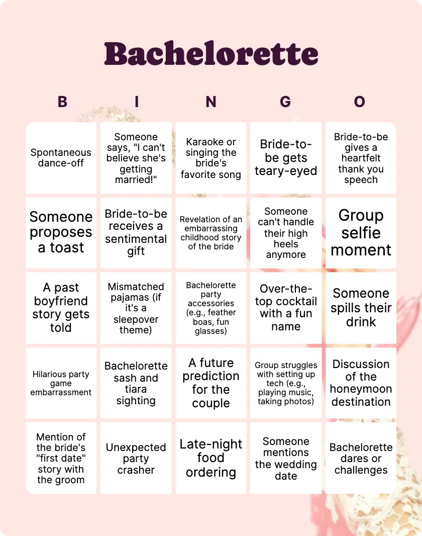 Bachelorette bingo card template