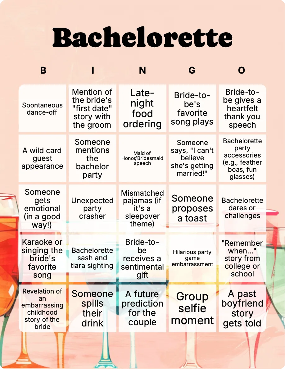 Bachelorette party bingo card