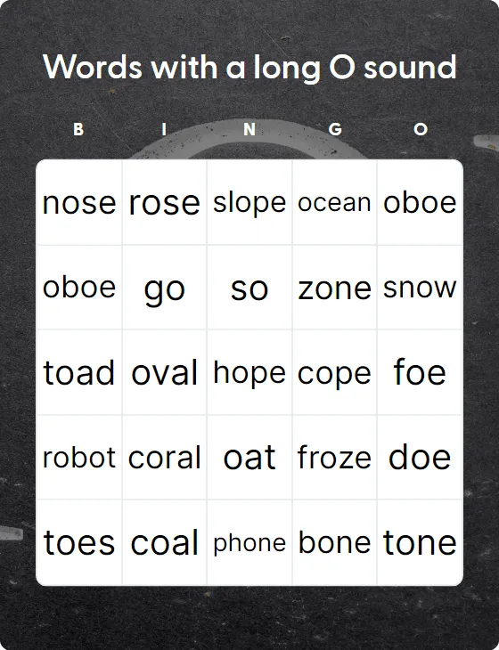 Words with a long O sound bingo