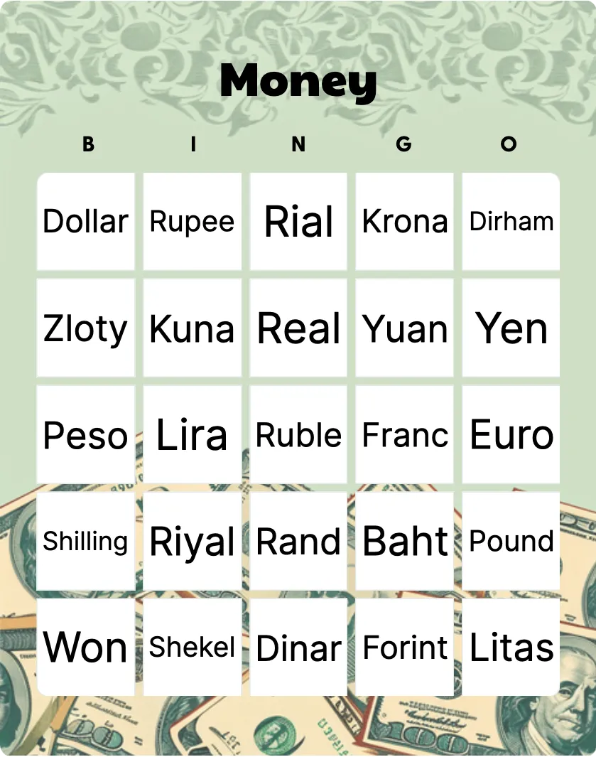 Money bingo card template