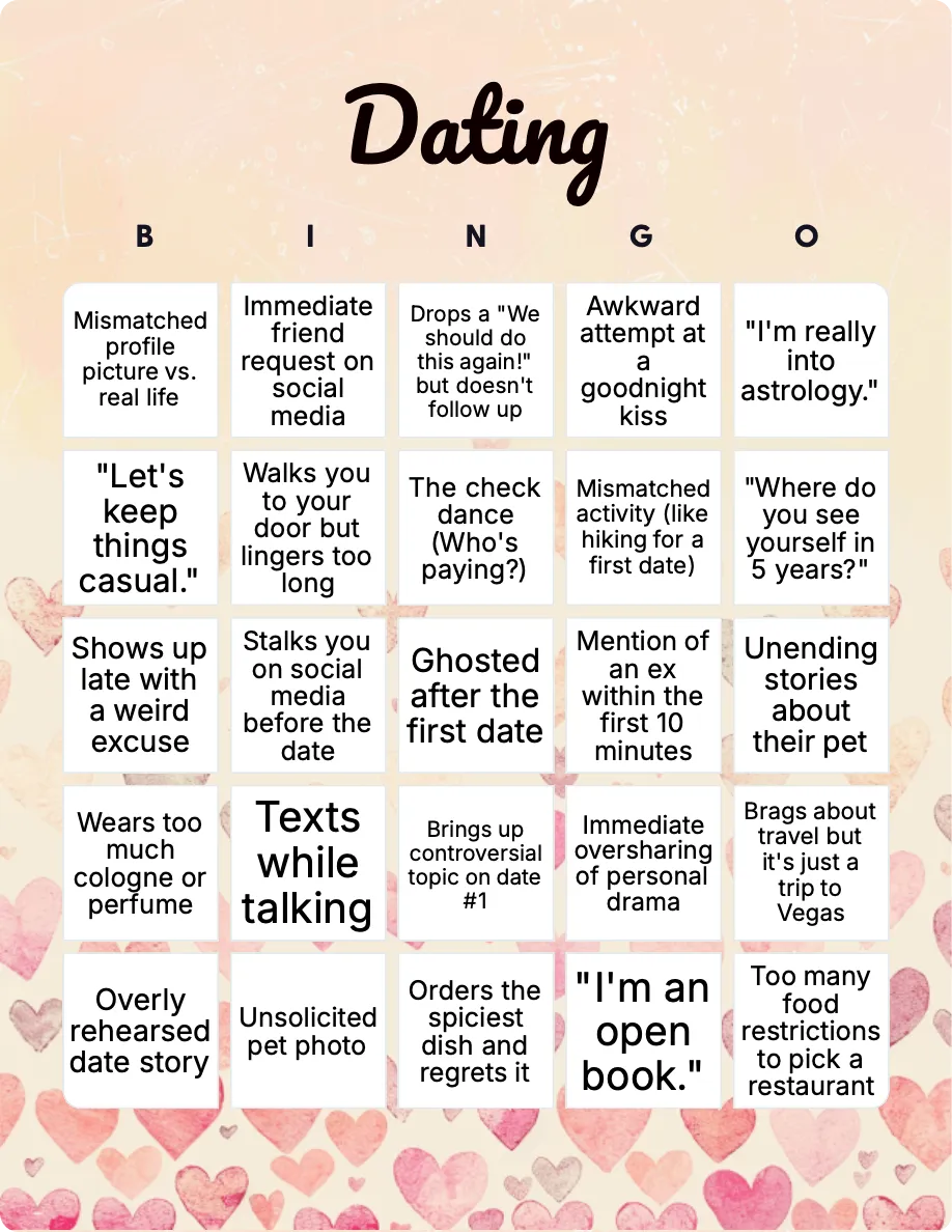 Dating bingo card template