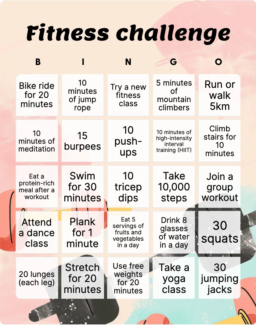 Fitness challenge bingo card template