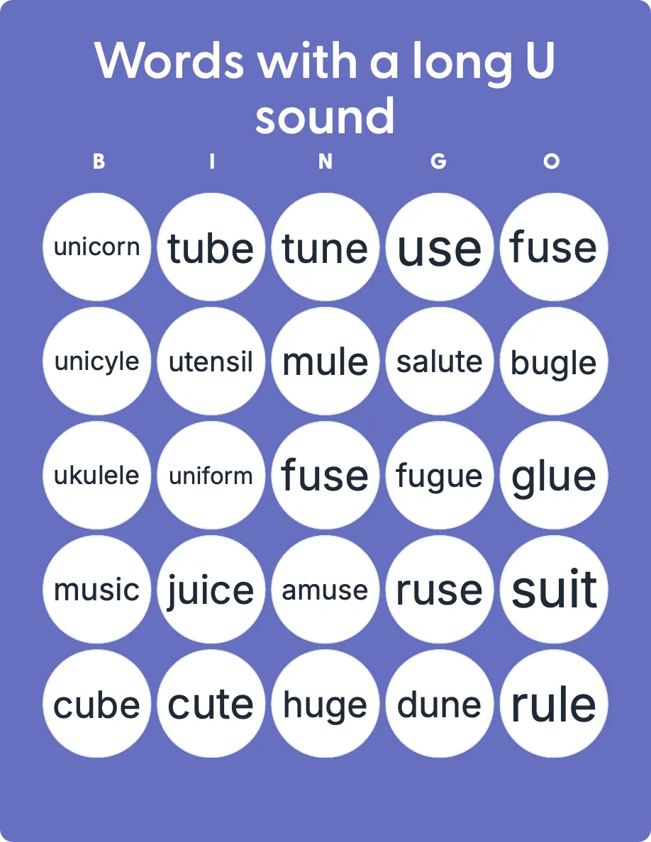 Words with a long U sound bingo card template