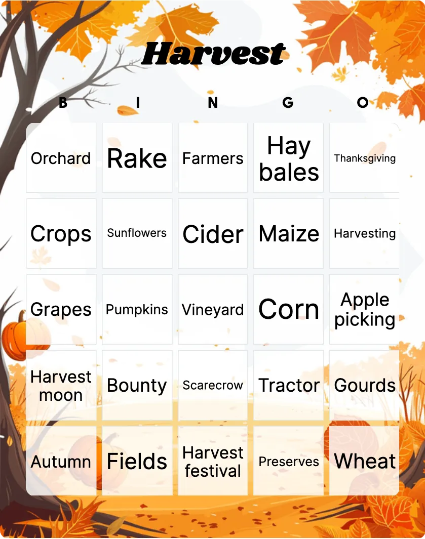 Harvest bingo card template