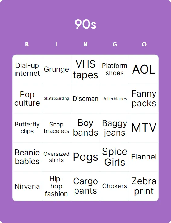 90s bingo card template