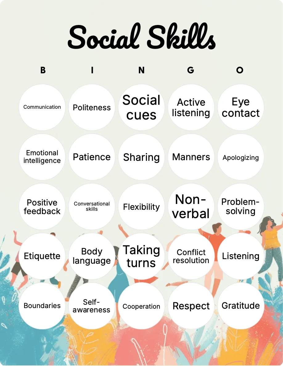 Social Skills bingo card template