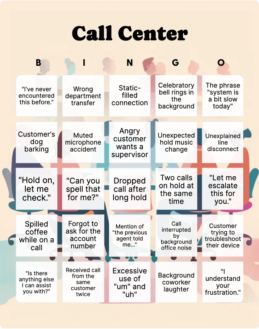 Call Center bingo card template