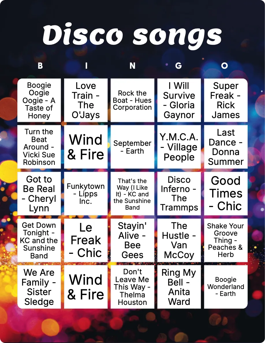 Disco songs bingo card template