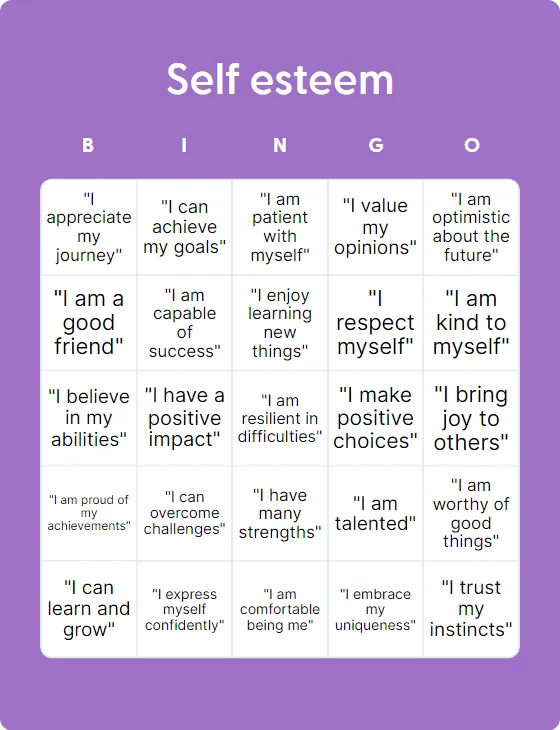 Self esteem bingo
