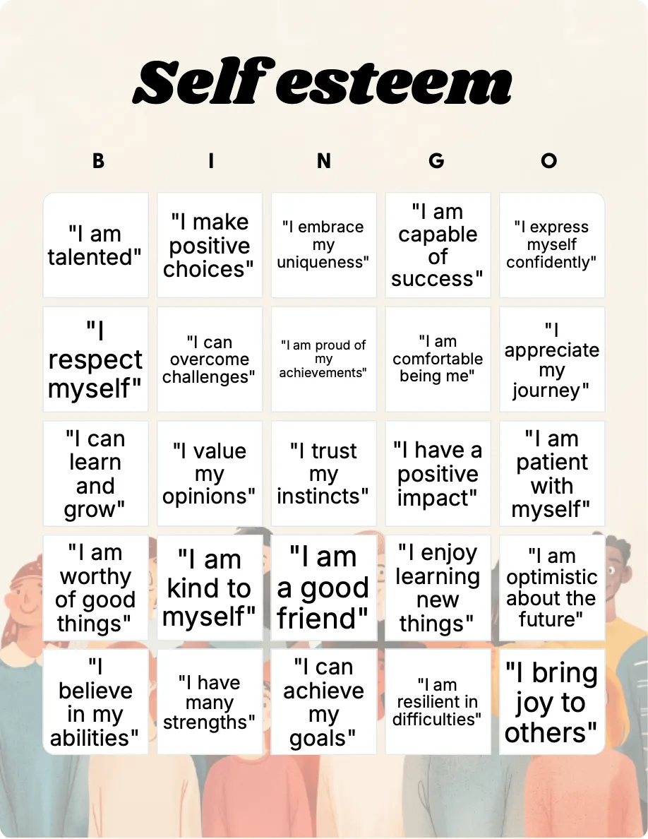 Self esteem bingo card template