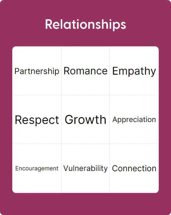 Relationships bingo card template