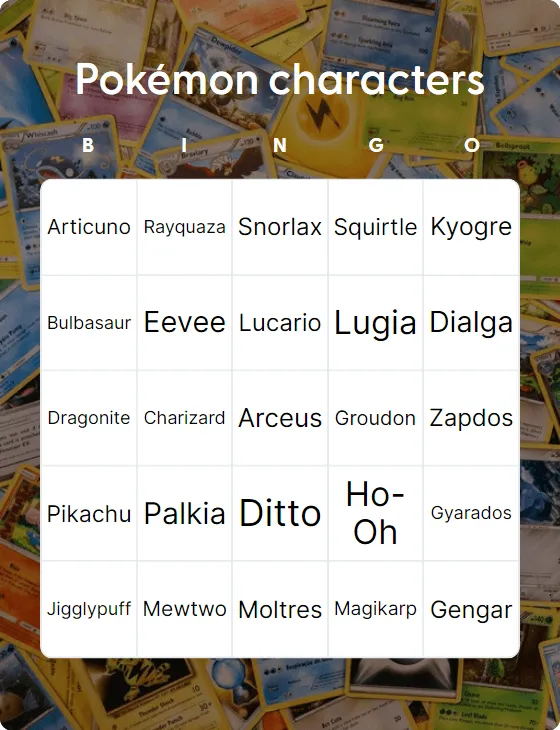 Pokémon characters bingo