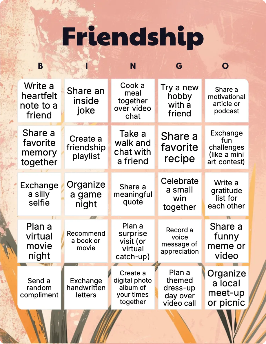 Friendship bingo card template