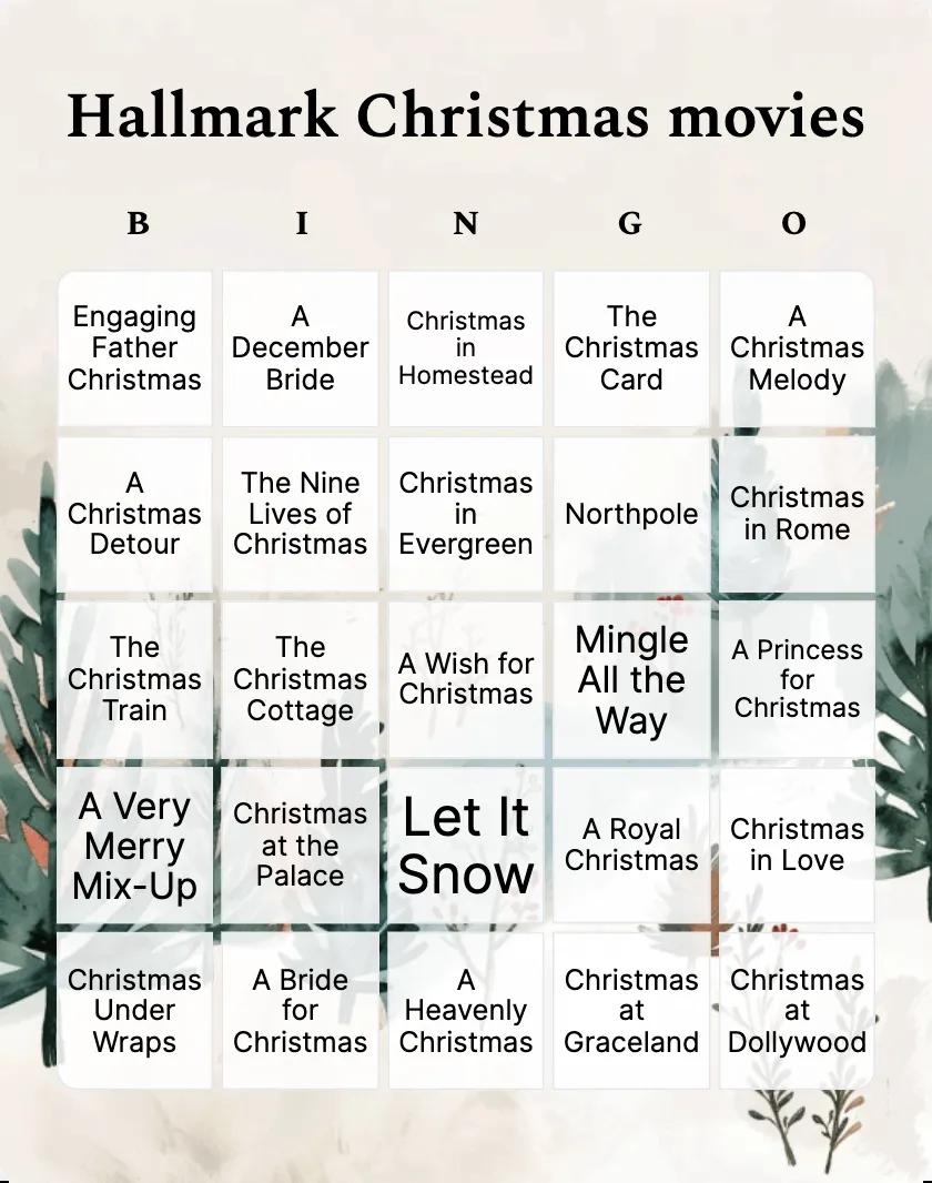 Hallmark Christmas movies bingo