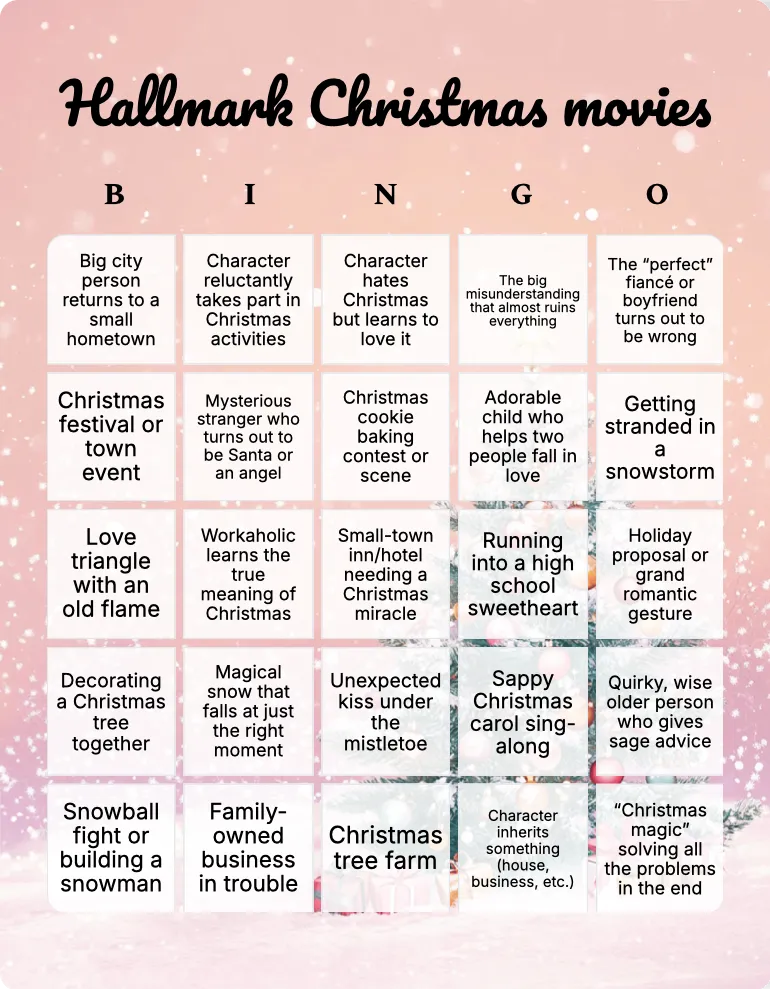 Hallmark Christmas movies bingo card template