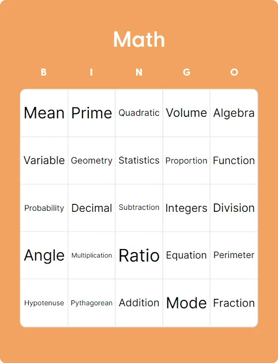 Math words bingo